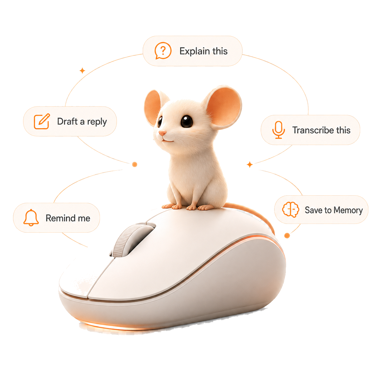 A mouse perched on a computer mouse, surrounded by AI actions